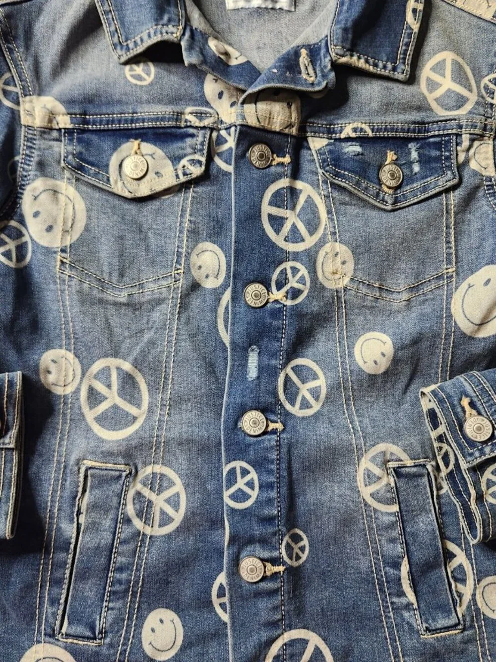 Girl’s Justice X Stranger Things Soft Denim Peace Sign Smiley Face Jacket Size M